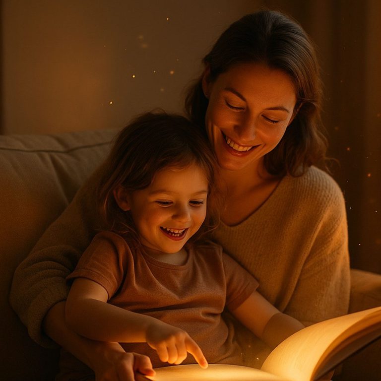 Emotional & magisch – Vorlesemoment mit Glanzfunke Mutter liest gemeinsam mit Kind ein Buch – warmes, emotionales Vorlesemoment in gemütlicher Atmosphäre