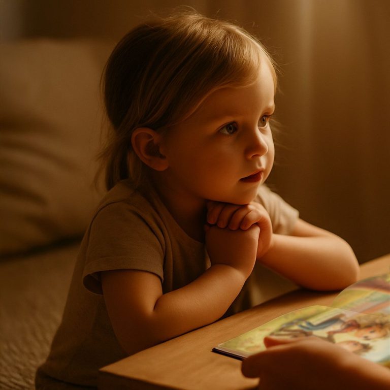 Kindgerecht – altersgerechtes Vorlesen mit Glanzfunke Kind betrachtet aufmerksam ein Kinderbuch – ruhige, altersgerechte Vorlesesituation